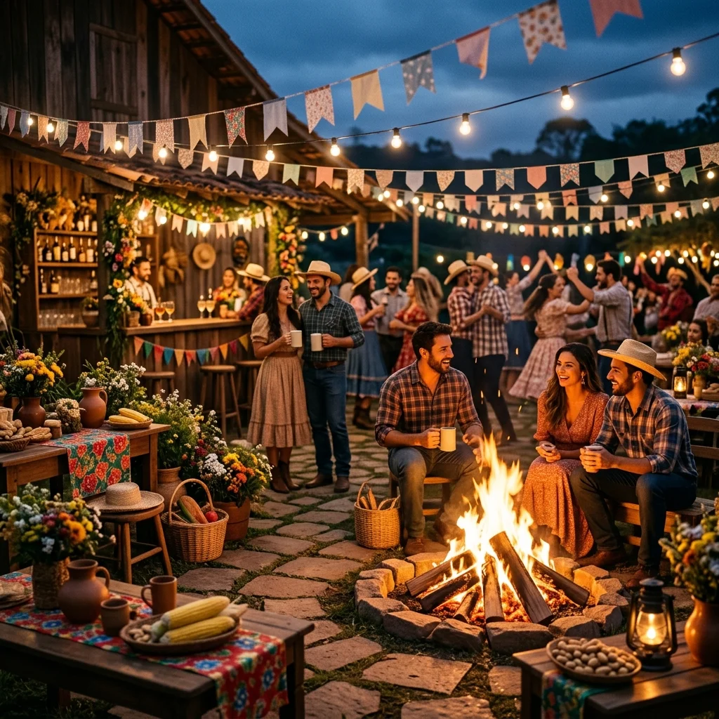 Decoração elegante de Festa Junina com fogueira e bandeirinhas
